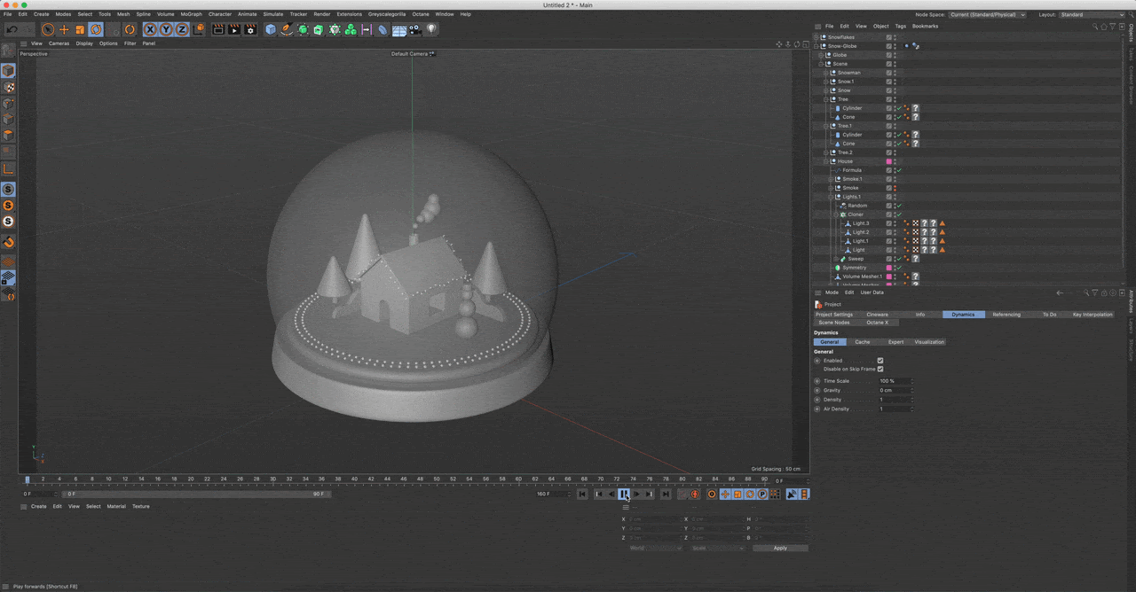 Adding a snowflake animation to the snow globe in Cinema 4D.